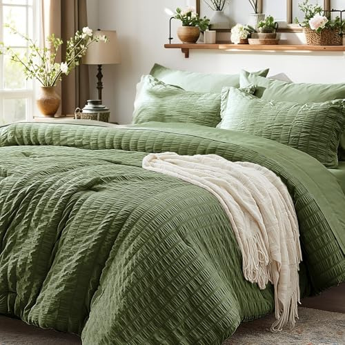 Bettwäsche-Set für King-Size-Betten, 7-teilig, olivgrün, Bett in Einer | Zzlpp Seersucker Öko-Tex-zertifizierte Daunen-Alternative Bettdecke mit atmungsaktiven Laken und Kissenbezügen, leicht