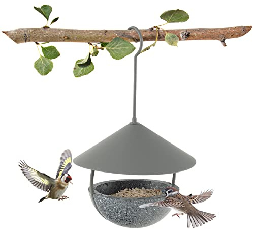 GOPLUS Vogelfutterhaus, 2-in-1-Futterspender & Vogelbad, Vogelfutterspender mit Kuppel, Haken, Vogeltränke zum Aufhängen, Vogelhaus für Saat, Wasser, Grau