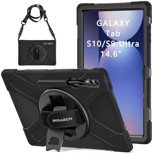 BRAECN Case for Samsung Galaxy Tab S10/S9/S8 14.6 Inch, Heavy Duty Shockproof Sturdy Cover with 360° Rotating Hand Strap & Kickstand, Shoulder Strap, Black