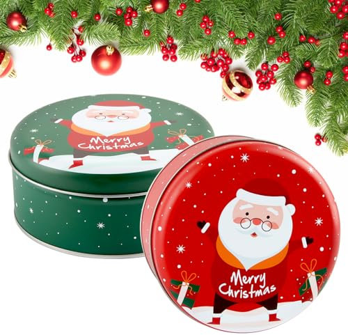 Taozoey Weihnachten Keksdose, 2er Set Metall Keksdose, Rot und Grün, Runde Weihnachtsdosen, Plätzchendose Mit Deckel, Geschenkbox, Sparschwein, Runde Süßigkeit Dosen, Gebäckdose（13,7 * 6,5cm）