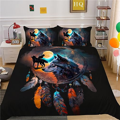 OakiTa Wolf Traumfänger Bettwäsche-Set Dream Catcher Wolf Theme Muster Bettbezug,100% Mikrofaser Bettwäsche-Sets 3Teilig,mit Reißverschluss (A01,135x200cm/80x80cm)