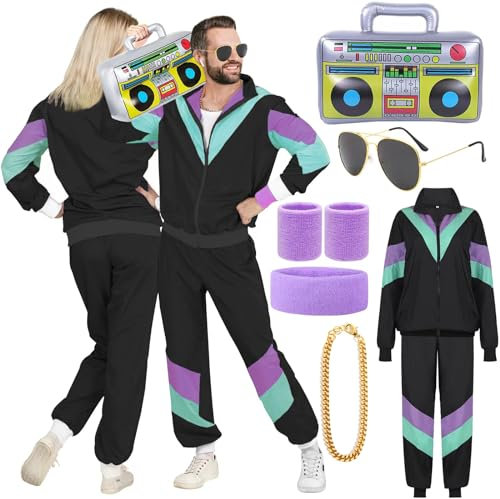 YADODO 90er 80er Jahre Outfit Herren Damen Trainingsanzug Jacke Hose Anzug 80er Accessoire 80er Jahre Kleidung Herren New Kids Kostüm 80iger Schlagerparty Bad Taste Outfit Paare Karneval (M)