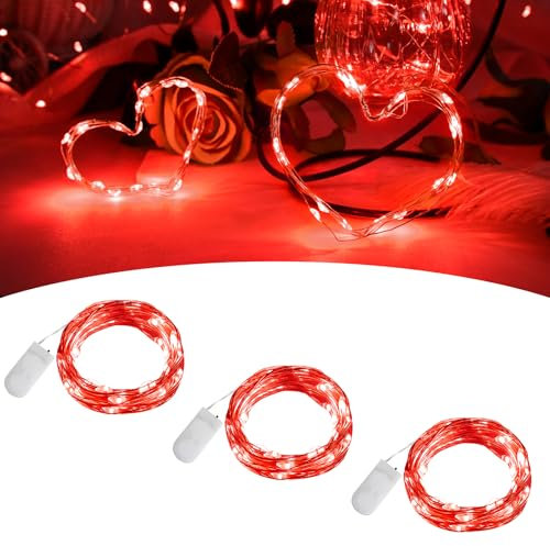 BOLWEO Valentine's Day Fairy String Lights, 2m 20Leds Red Mini LED Fairy Lights with Battery Copper Wire Light String for Party, Bedroom, House, Bedroom, Wedding Anniversary Party,3Pack