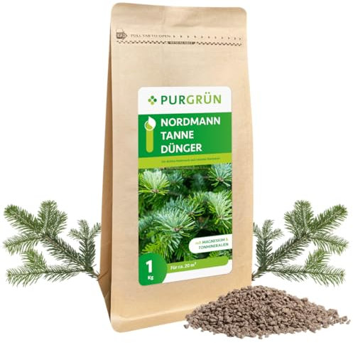Purgrün® Nordmanntanne-Dünger 1 kg – Organisch-mineralische Rezeptur – Feinkörniges Krümelgranulat – NPK 5+4+6 – Extra Magnesium für leuchtend grüne Tannennadeln – Verbessert die Bodenqualität