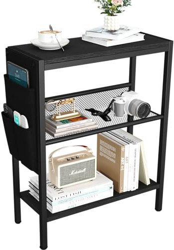 Yusong Small Narrow Side Table for Small Spaces, Slim End Table with Storage Bag, Sofa Snack Table with Adjustable Metal Mesh, 3 Tier Accent Skinny Beside Table for Living Room & Bedroom, Black Oak