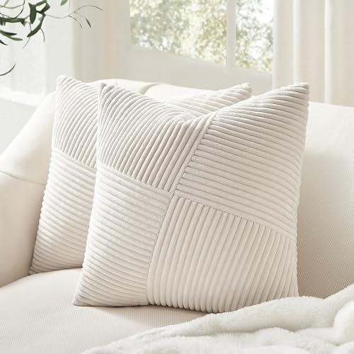 Topfinel 2er Set Kissenbezug Creme 50x50 Kordsamt Windmühle Streifen Muster Kissenbezüge Dekokissen Kissenhülle Sofakissen Couchkissen Zierkissen Patchwork Design Deko Wohnzimmer Büro Hotel