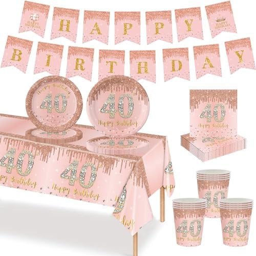 MORAINJAY Fiesta de Cumpleaños 40 Años, 70 Piezas Oro rosa, 40 Platos Cumpleaños, Vasos, Servilletas y Bandera de Papel, Vajilla Decoración Mesa para Fiesta 40 Años, Hombres Mujeres