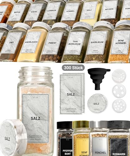 Greeano Mamor Weiß Gewürzgläser Set [24 x 120ml] mit 300 Gewürzetiketten [DE] - Gewürzgläser eckig mit Streueinsatz - Gewürzdosen Set - Gewürzbehälter Glas - mit Streueinsatz