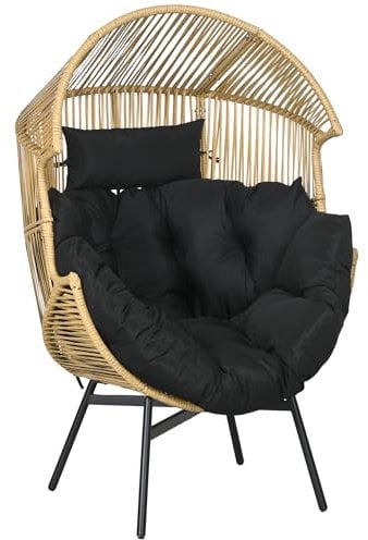 Outsunny Rattansessel, Rattan Korbsessel mit dickem Sitzkissen, Gartensessel in Eiform, 120 kg belastbar, für Terrasse, Garten, Sand