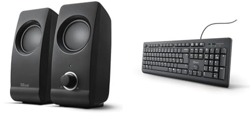 Trust Remo 2.0 Set de Altavoces, Jack 3.5 mm, 16 W, 50-20000 Hz Respuesta Frecuente & Taro Teclado - Disposición QWERTY Español, Resistente a los Vertidos, Cable de 1.8m