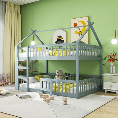 Etagenbett 140x200, Kinderbett Hochbett für 4 Kinder, Hausbett mit Treppe und Tür, Kinderhochbett mit Rausfallschutz und Lattenrost, Bettgestell Stockbett Familienbett Loft Bett, Massivholz, Grau