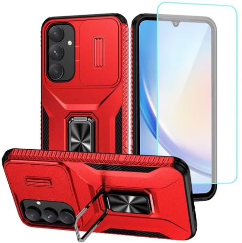 Wanyuexes Hülle für Galaxy A35 Case, für Samsung A35 SM-A356B mit Schutzfolie, Kameraschutz Kartenschlitz, 360° Metall Ring Ständer Stoßfest Handyhülle für Samsung Galaxy A35 5G Rote