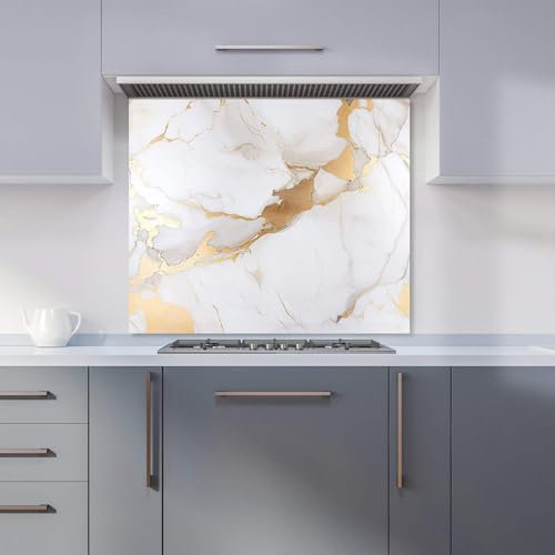 Warren Reed - Designer Premium White Marble With Gold Kitchen Splashback 6mm Toughened Glass Kitchen Splashback – Heat Resistant Splashback for Kitchens, Perfect for Cookers and Hobs, Polished Edges
