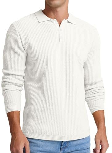 Sailwind Men's Jumper Long Sleeve Knit Polo Sweater Buttons Winter Jumpers Casual Pullover Polo Shirts (White, L)