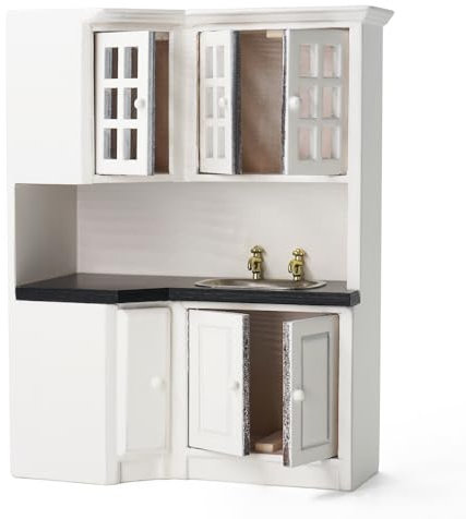 Odoria Puppenhaus Küche Schrank Miniatur: 1/12 Maßstab Küchenspüle für Wichtel Modern Restaurant - Mini Kochen Möbel mit Spülbecken Holz Weiß