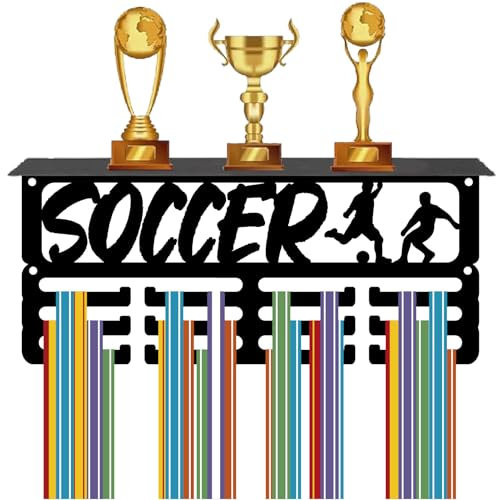 CREATCABIN Trophäenregal Mit 12 Haken Fußballmedaillenhalter Aufhänger Schwarzes Metallregal Trophäendisplay Wandhalterung 60 + Medaillen Organizer Gestell Für Auszeichnungsbänder 29x13x10cm