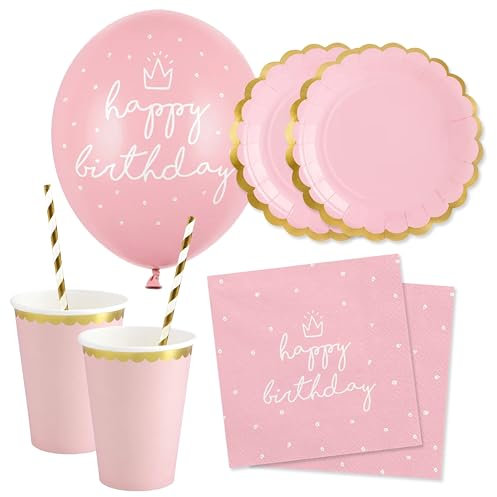 Decoraparty Kit de fête rose pour 12 personnes, décoration de table pour anniversaire, fille, fête, 6 ballons, 20 serviettes, 12 assiettes, 12 verres, 20 pailles (70 pièces)