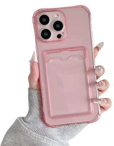 DEFBSC Hülle für iPhone 16 Pro Max Transparente met Kartenhalter,Rosa | Handyhülle mit Kartenfach,Ultra Dünn Weiche TPU Stoßfeste Durchsichtige Schutzhülle