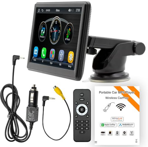 7-Zoll-IPS-HD-Touchscreen-CarPlay mit Fernbedienung, drahtlosem und kabelgebundenem CarPlay und Android Auto, Bluetooth 5.1 und 360°-Rotationsständer