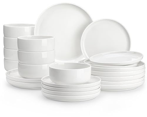 MALACASA Plates and Bowls Sets, 24 Pieces Modern Porcelain Dinnerware Set for 8, Ceramic Dishware Dishes White Kitchen Dinner Dining Ware Set, Microwave and Dishwasher Safe, Series LUNA