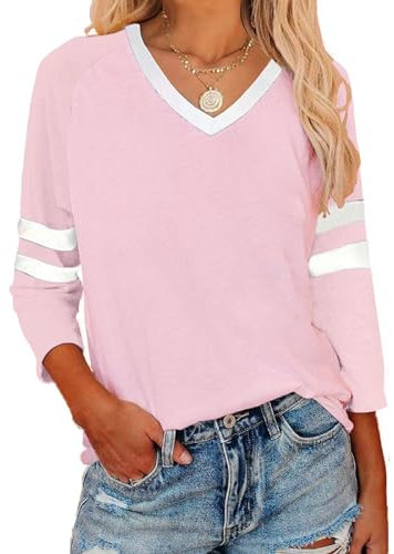 T-shirt à manches 3/4 pour femme - Col en V - Rayé - Haut pour femme, Rose pâle, XXL
