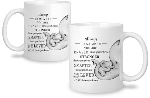 Inspirational Gifts for Women Men Girls Boys Motivational Coffee Mug with Elephant Design, Elephant Lover Gift Women Cheer Up Gift 'Braver, Stronger, Smarter, Loved', White, 325 ml (Always remember)