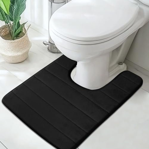 LUSCHEER Absorbent WC Toilet Rug Non-Slip U Shape Pedestal Mat Bath Mat, Extra Soft Memory Foam Bathroom Toilet Mat for Floor, Quick-drying Machine-Washable, 50 x 60 cm, Black