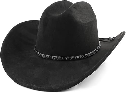 Yuedefly Wide Brim Cowboy Hat,Mens Faux Felt Western Cowboy Hat,Women Men Felt Western Cowgirl Hats Outdoor Wide Brim Hat with Strap Black
