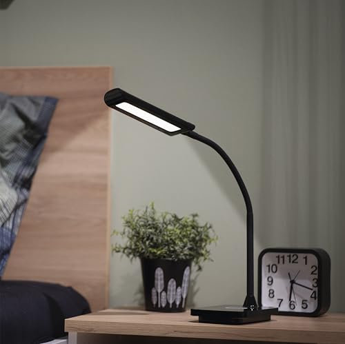 EMOS LED Tischlampe KYLE 5,5W, Helligkeit 300lm, Handy-Aufladen mit USB oder kabellos, Timer, dimmbar, einstellbare Lichtfarbe (3000-4500 K), hohe CRI (>90), 1,5m Ladekabel mit 12V/2A Adapter, schwarz