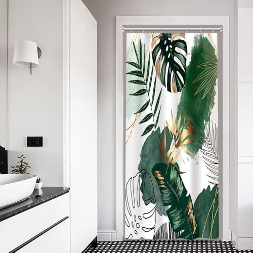 Xiaoterna Boho Kokosnussbäume Duschvorhang Abstrakte Palmenblätter Tropische Monstera Badvorhang Grün Goldene Blätter Botanische Pflanze Duschvorhang schimmelpilzresistenter Stoff 90x180cm