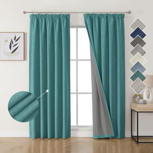 Joydeco 100% Blackout Curtains Bedroom 52 x 84 Inch Drop, Faux Linen Pencil Pleat Thermal Insulated Drapes with Coating Back Layers for Room Darkening Privacy Protection, 2 Panels, Hunter Green