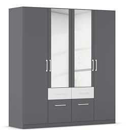 Rauch Möbel Glasgow Drehtürenschrank, Kleiderschrank, Schrank, Garderobe 4-türig, 2 Spiegeltüren, 4 Schubladen, Farbe Grau metallic/Grau metallic/Weiß, Griffprofil Weiß, 181x197x54cm