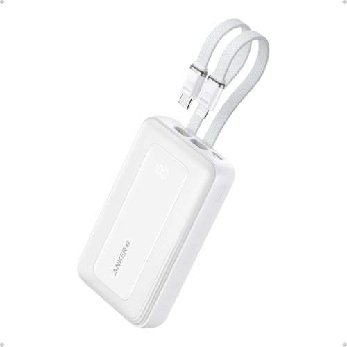 Anker Zolo Powerbank, cavo integrato di tipo C e Lightning, 10000 mAh, ricarica rapida 30 W, certificato MFI, compatto e portatile, compatibile con iPhone e Samsung serie Andrioid (bianco)