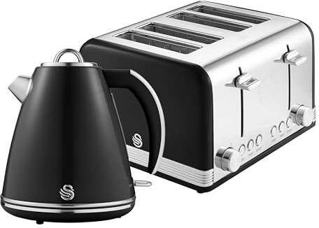 Swan EEJB296, Retro 4-Slice Toaster and Jug Kettle Set, Retro Black