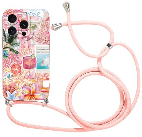 Foonary Coque pour iPhone 13 Pro Max avec Cordon, Aesthetic Fleur Hibiscus Été Coloré Motif Réglable Collier Housse, Silicone Étui Case avec Corde Lanyard Cover pour iPhone13 ProMax 6,7,Nœud Papillon