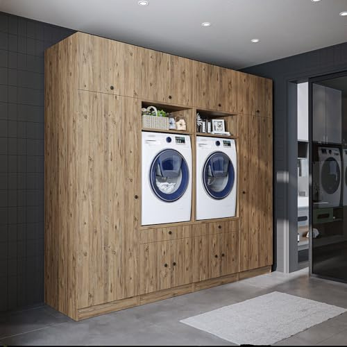 ROOMART Schrankwand für Waschküche & Hauswirtschaftsraum – 254 cm – Hochschrank mit Ausziehbrett – Waschmaschinenumbauschrank & Stauraumregal (Eiche, V1 : 254 x 230 x 67 cm (B x H x T))