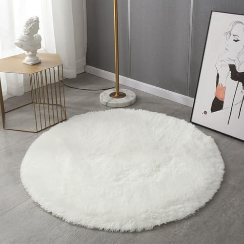 Mozzeilee Badematte, rund, ultraweich, zottelig, Plüsch-Mikrofaser, Badezimmer, Boden, Badewanne, seitlicher Kreis, Badteppich, Wasseraufnahme, maschinenwaschbar, Schlafzimmer, Flur, Fußmatten (Weiß