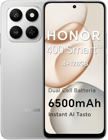 HONOR 400 Smart 5G Smartphone Dual SIM NFC Android 15, 4+128GB, 6500mAh Dual Cell Akku, Instant AI Taste, 6.77 Zoll 120 Hz Comfort Display, 5 Sterne SGS&IP54, 50MP+2MP, Meteor Silver