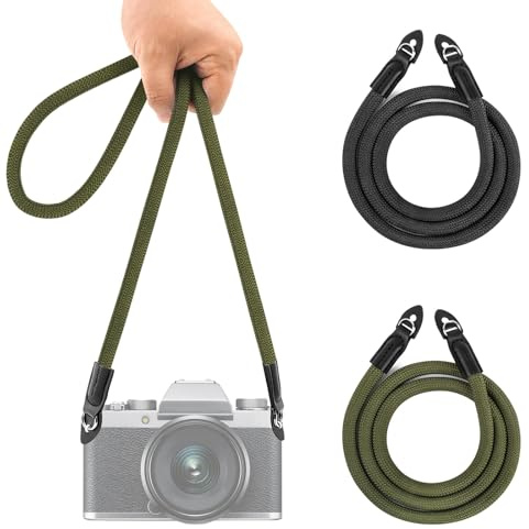 CEOTIS Rope Camera Strap: 100cm Nylon Climbing Rope Camera Neck Shoulder Strap,Shoulder Strap for Camera Neck Shoulder Crossbody Strap for SLR DSLR Digital Mirrorless Cameras (2 Pack, Black,Green)