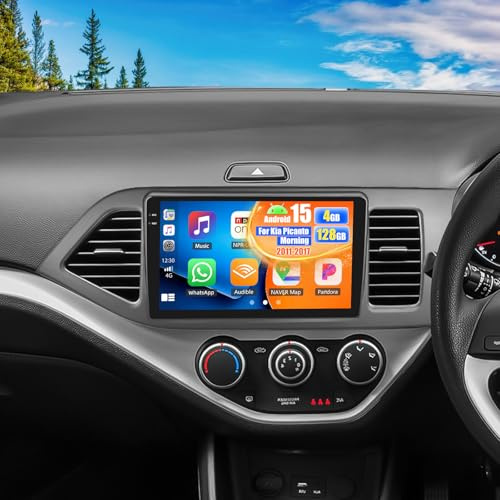 OiLiehu 4G+128G Android 15 Car Stereo for Kia Picanto Morning 2011-2017 with Wireless CarPlay Android Auto, 9 Touchscreen Radio with WiFi Mirror Link Bluetooth FM RDS EQ SWC Backup Camera