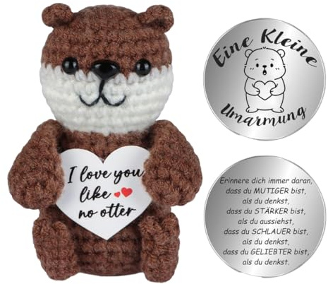 Pocket Hug Otter und Glücksmünzen, Positive Kartoffel, Positive Gehäkelter Otter Kuscheltier, Gestrickte Fischotter Puppe Mutmacher Geschenk, Inspirierende Handgemachte Strickpuppe, Glücksbringer