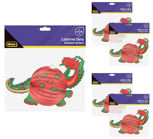 Idena 90433 - Lampion Dinosaurier, 5 Stück je ca. 34 x 46 cm, rot-grüne Papierlaternen mit 3D Dino-Motiv, Kinder Laternen für Sankt Martin und Lichterfest