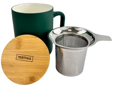 Nerthus FIH 1569 taza cerámica 375 ml con infusor acero inox y tapa bambú, diseño elegante, ideal para té e infusiones verde mar