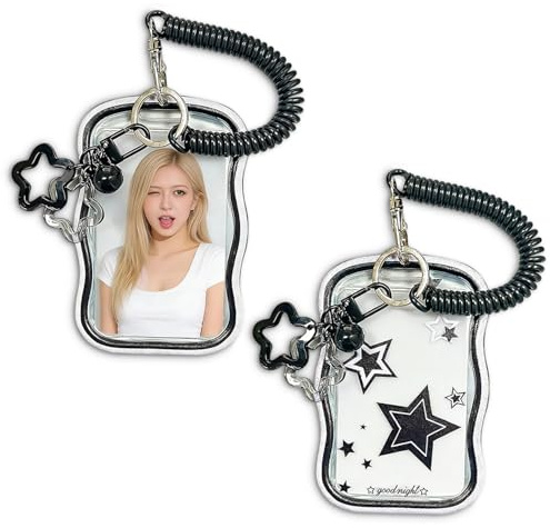 1stk Photocard Holder Kpop, Schwarzer Stern Karten Halter mit Spring Rope, Kartenhalter mit Schlüsselanhänger Photocards, Kpop Merch Zubehör für Idol Album Karten Bank Foto ID Card, Geschenk für Fans