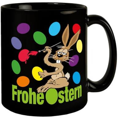 Osterhase Tasse in Schwarz mit Spruch: Frohe Ostern Lustige Oster-KaffeeTasse für Büro oder Homeoffice