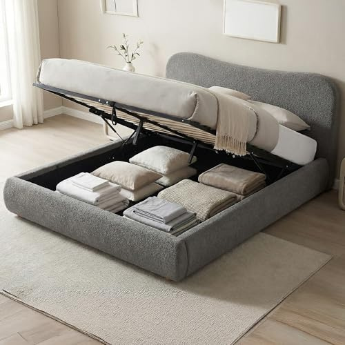 CLP Polsterbett mit Stauraum Maido, Bettgestell für Matratzen, Lattenrost mit Lift-Mechanismus, Doppelbett mit Teddystoff, bis 300 kg, Farbe:dunkelgrau, Größe:160x200 cm