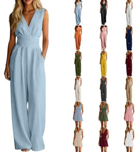Jumpsuit Damen Elegant Festlich Overall Sommer Hochzeit Wickel Playsuit | V Ausschnitt Ärmellose, Weites Bein Hosenanzug mit Tasche, Plissee Tailliert Knöchellänge, Leicht Casual Einteiler Romper