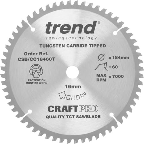 Trend Lame de Scie à Onglet sans Fil pour Bois, 184 mm de Diamètre, 16 mm d'Alésage, 60 Dents, TCT, 1,6 mm de Trait de Scie, -5° Crochet, CSB/CC18460T