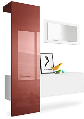 Vladon Garderobe Carlton Set 4, Made in Germany, Garderobenset bestehend aus 1 Garderobenpaneel, 1 Schrankmodul und 1 Wandspiegel, Weiß matt/Bordeaux Hochglanz (156 x 193 x 35 cm)