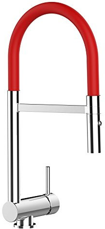 Unterfenster Wasserhahn Küchenmischer mit abschwenbarem Auslauf und abhembarer 2strahl Handbrause - Gesamthoehe abgeschwenkt nur 58mm. Auslauf drehbar 360° - ROT